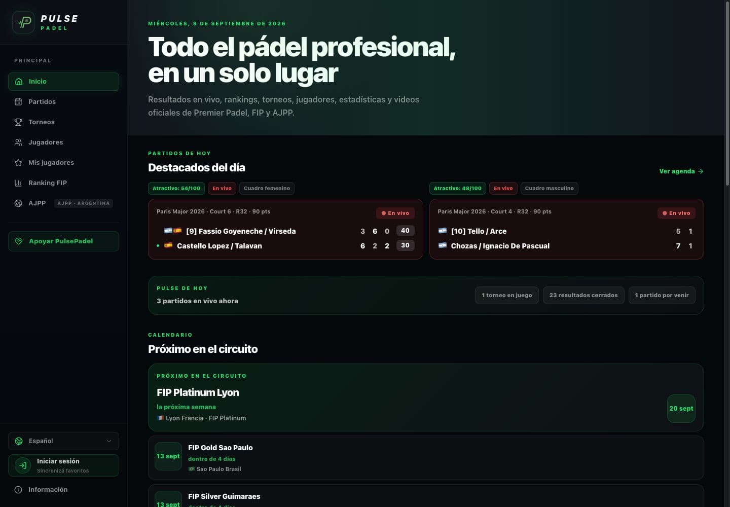 Captura real de PulsePadel: resultados, partidos y calendario